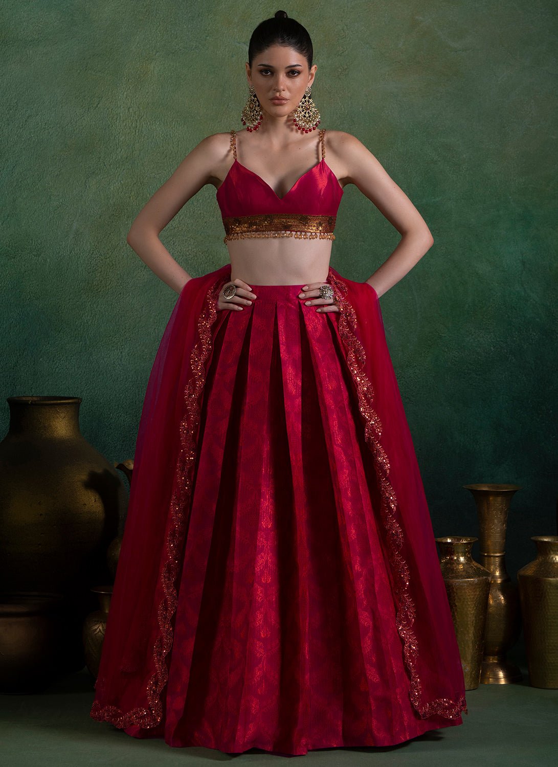 Hot Pink Embroidered Brocade Lehenga - Lashkaraa