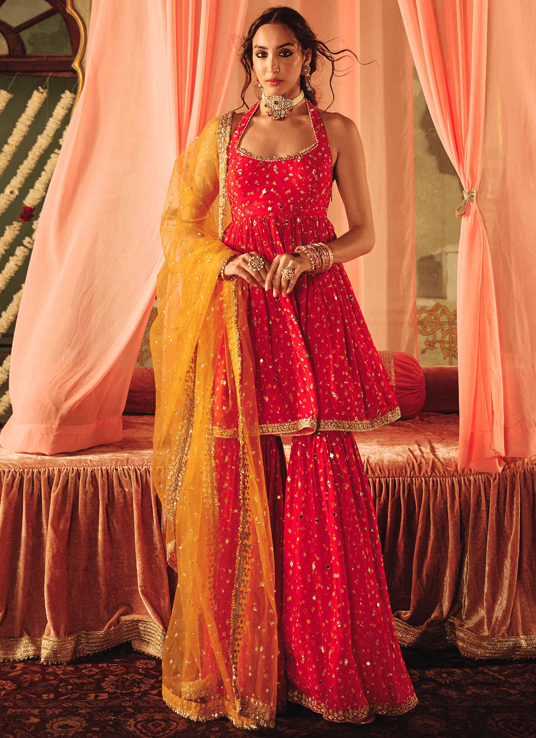 Hot Pink Embroidered Viscose Bandhani Gharara - Lashkaraa
