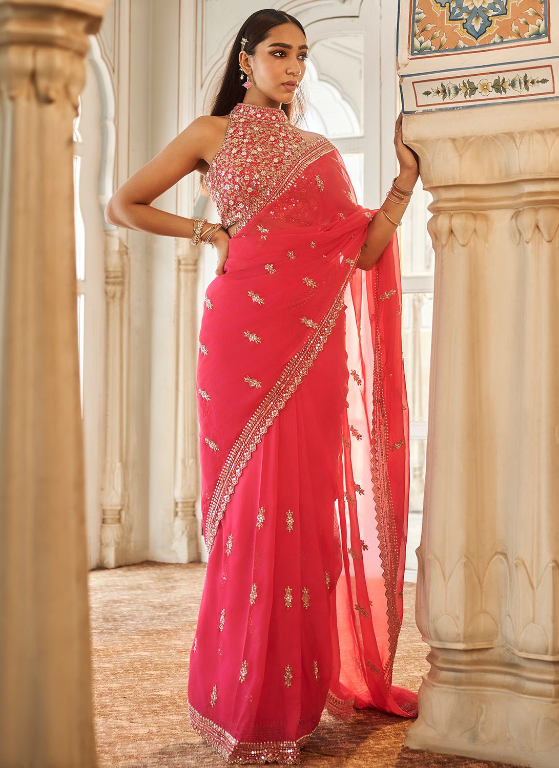 Hot Pink Embroidered Viscose Organza Saree - Lashkaraa