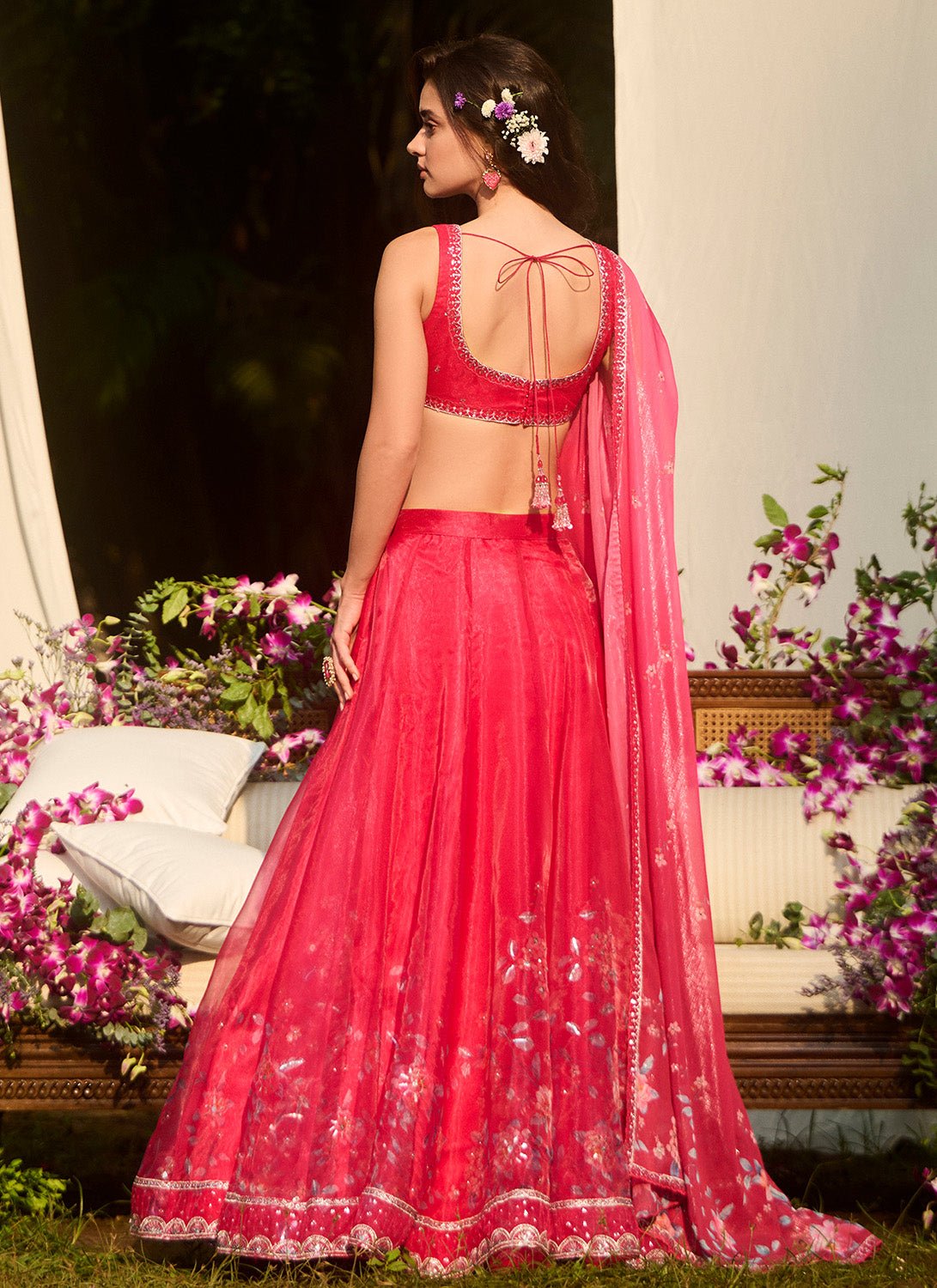 Hot Pink Floral Embroidered Lehenga - Lashkaraa