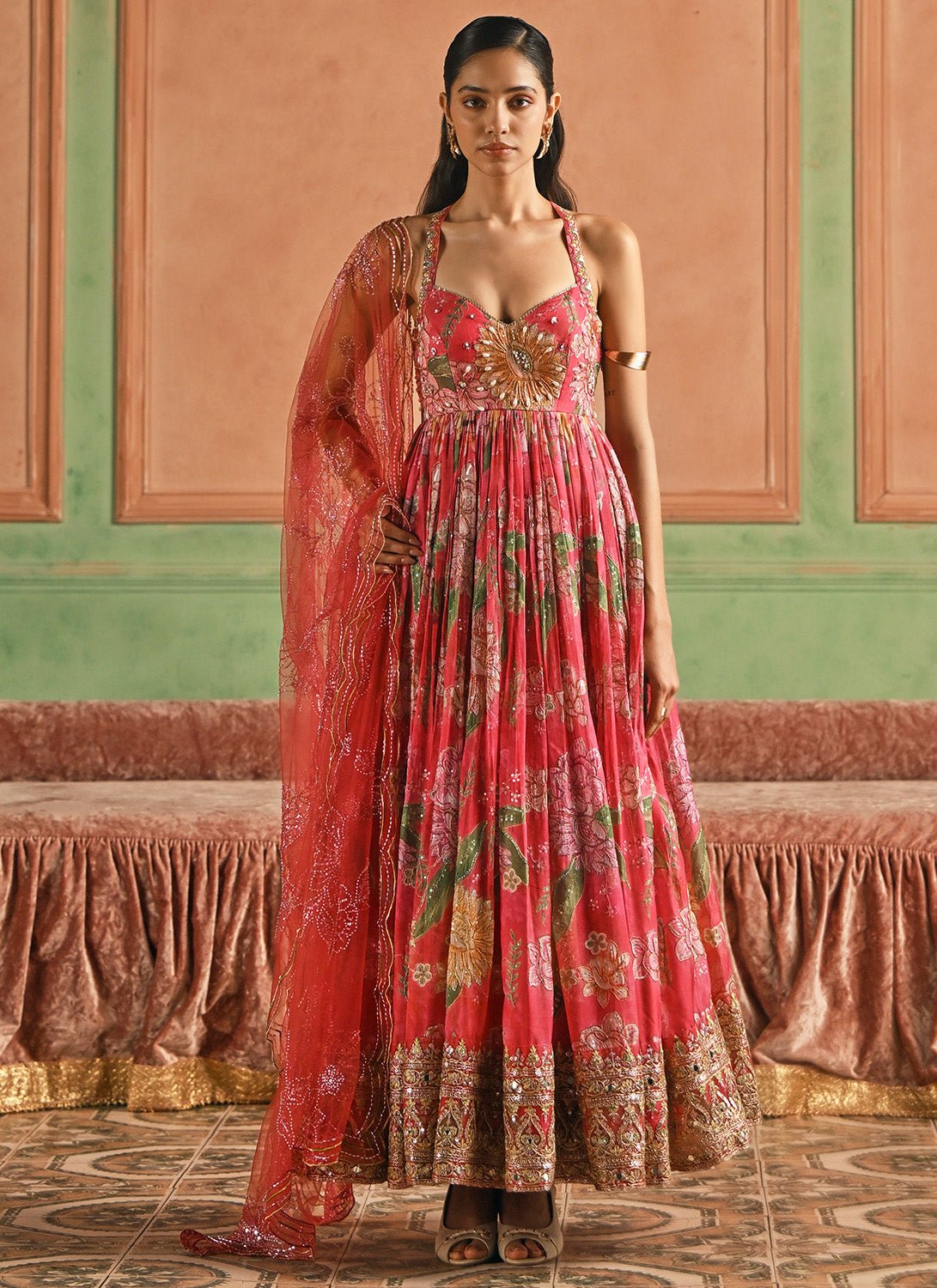 Hot Pink Floral Embroidered Silk Anarkali Hot Pink Floral Embroidered Silk Anarkali
