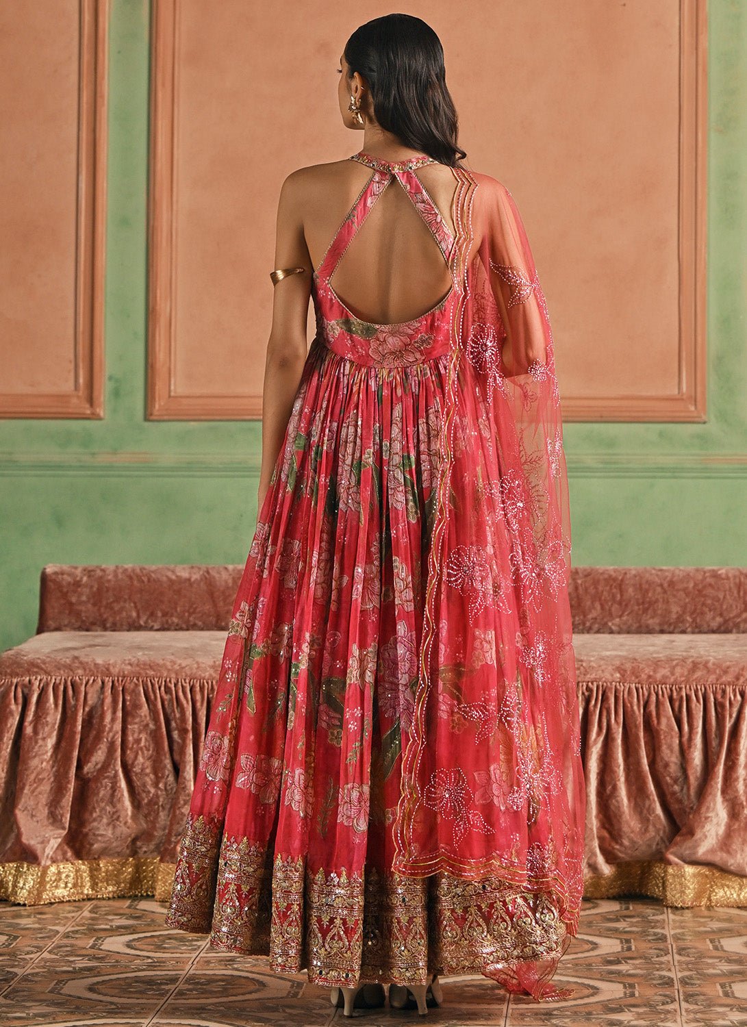 Hot Pink Floral Embroidered Silk Anarkali - Lashkaraa