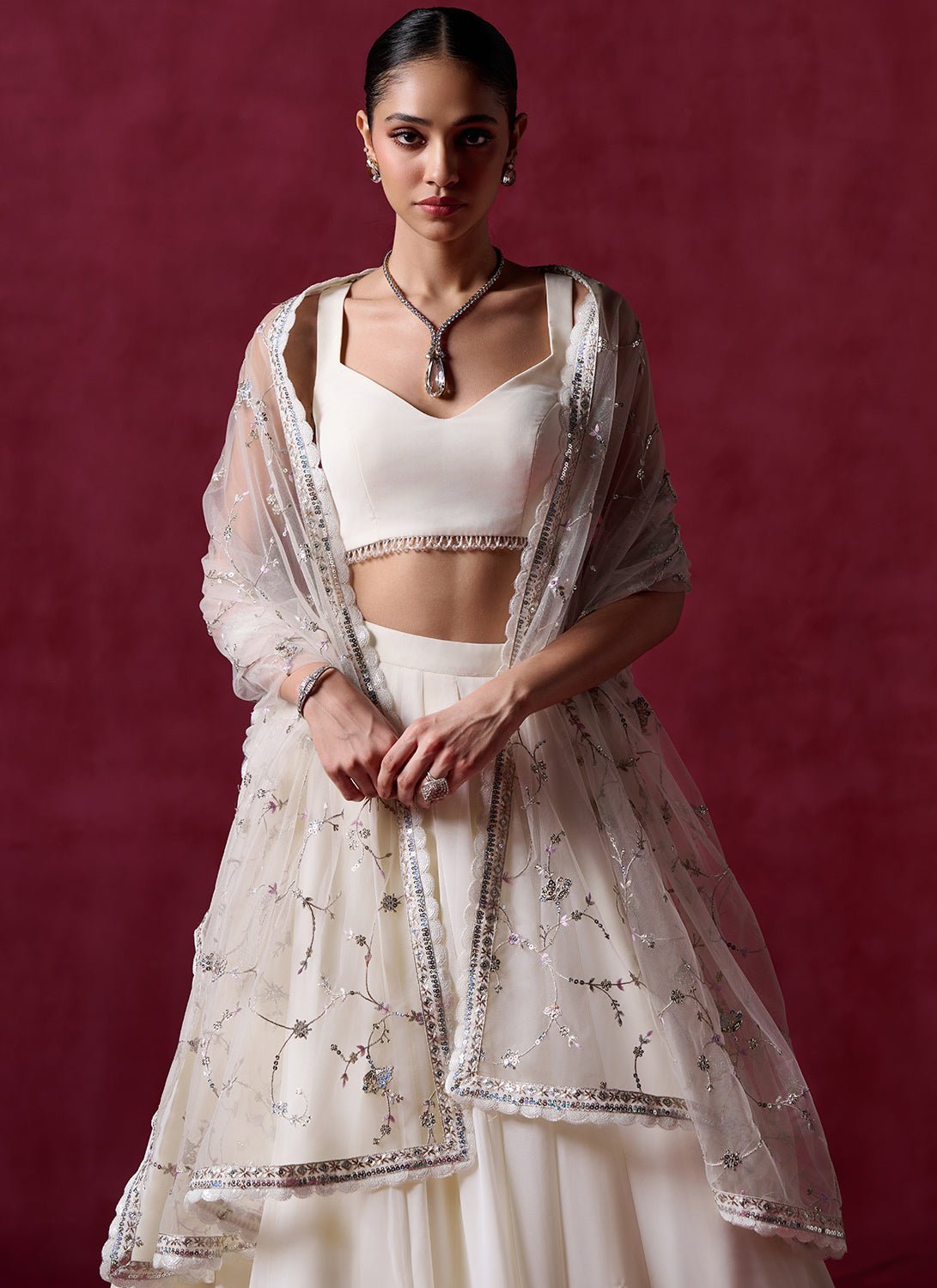 Ivory Embroidered Georgette Lehenga - Lashkaraa