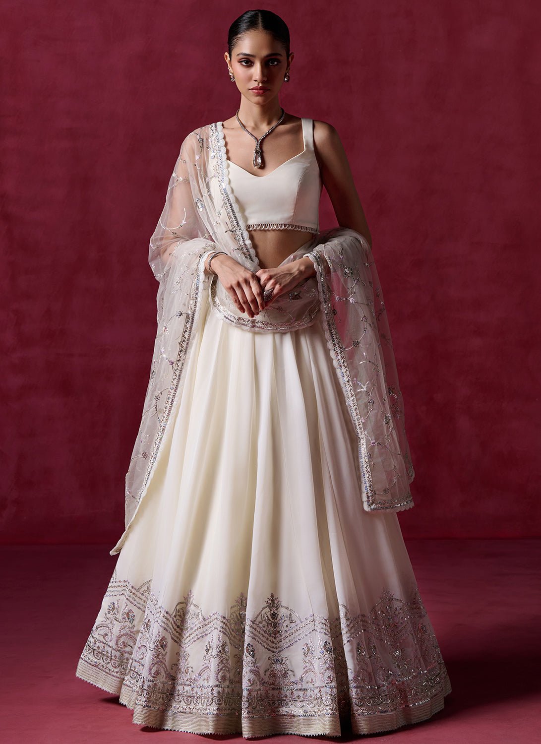 Ivory Embroidered Georgette Lehenga - Lashkaraa