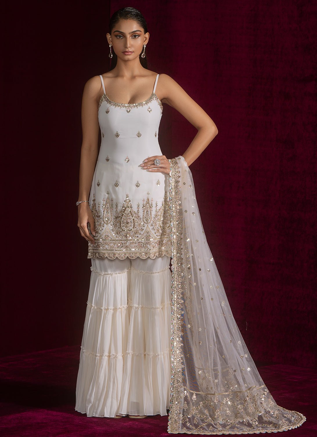 Ivory Embroidered Georgette Sharara - Lashkaraa