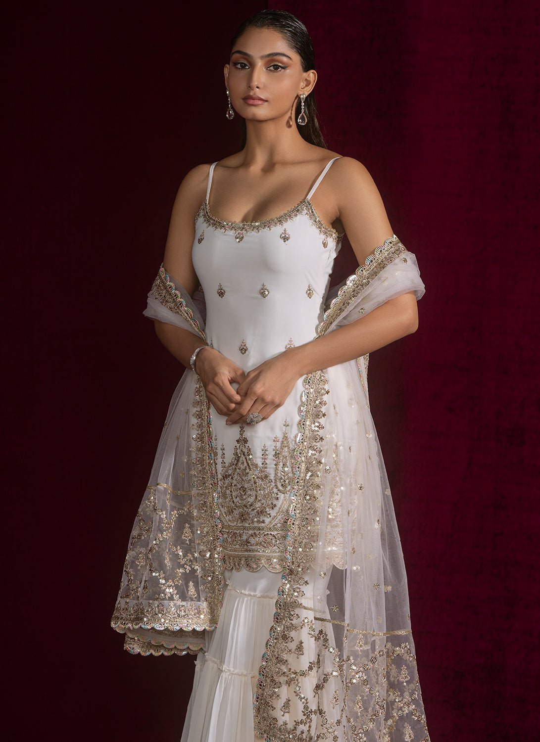Ivory Embroidered Georgette Sharara - Lashkaraa
