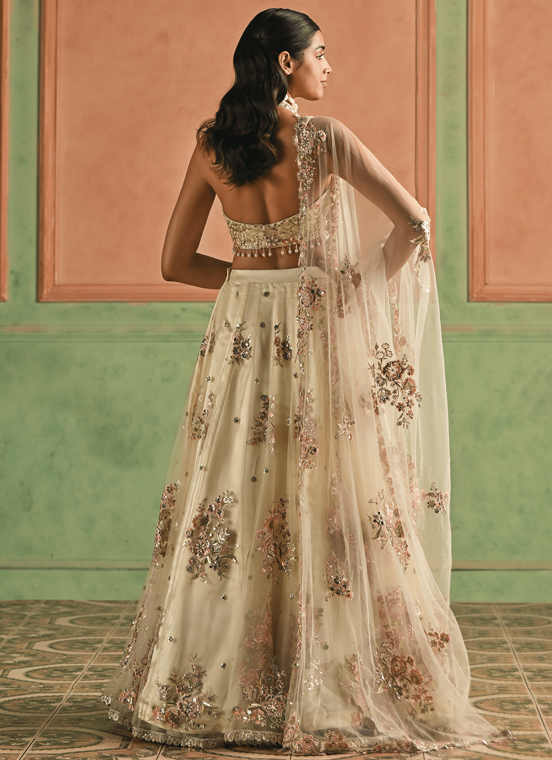 Ivory Embroidered Net Lehenga - Lashkaraa