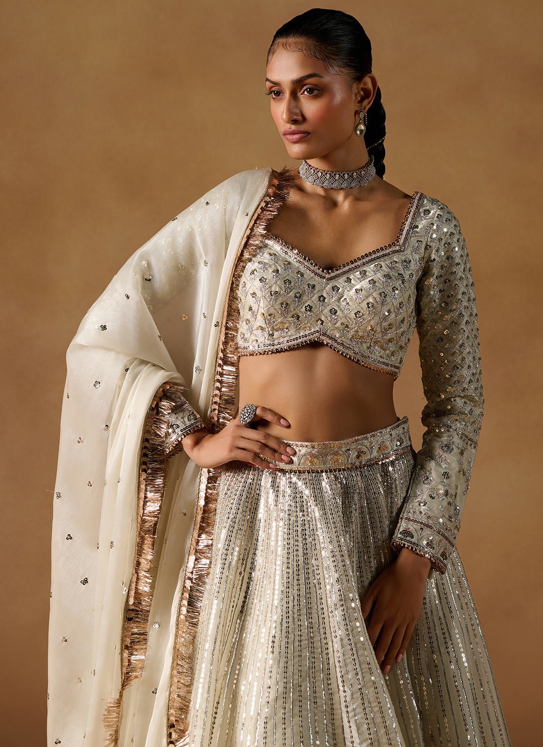 Ivory Embroidered Tissue Lehenga - Lashkaraa