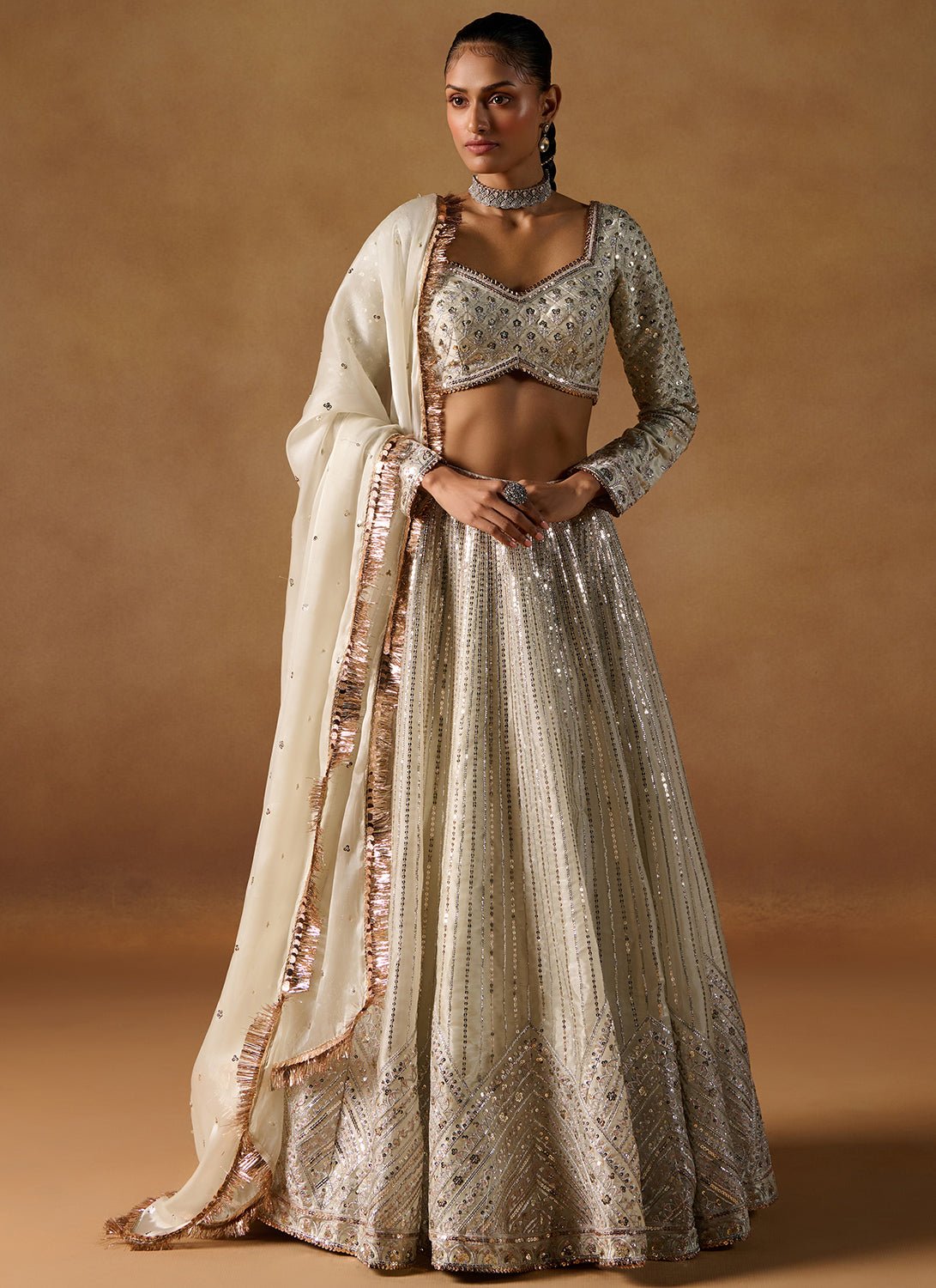 Ivory Embroidered Tissue Lehenga - Lashkaraa