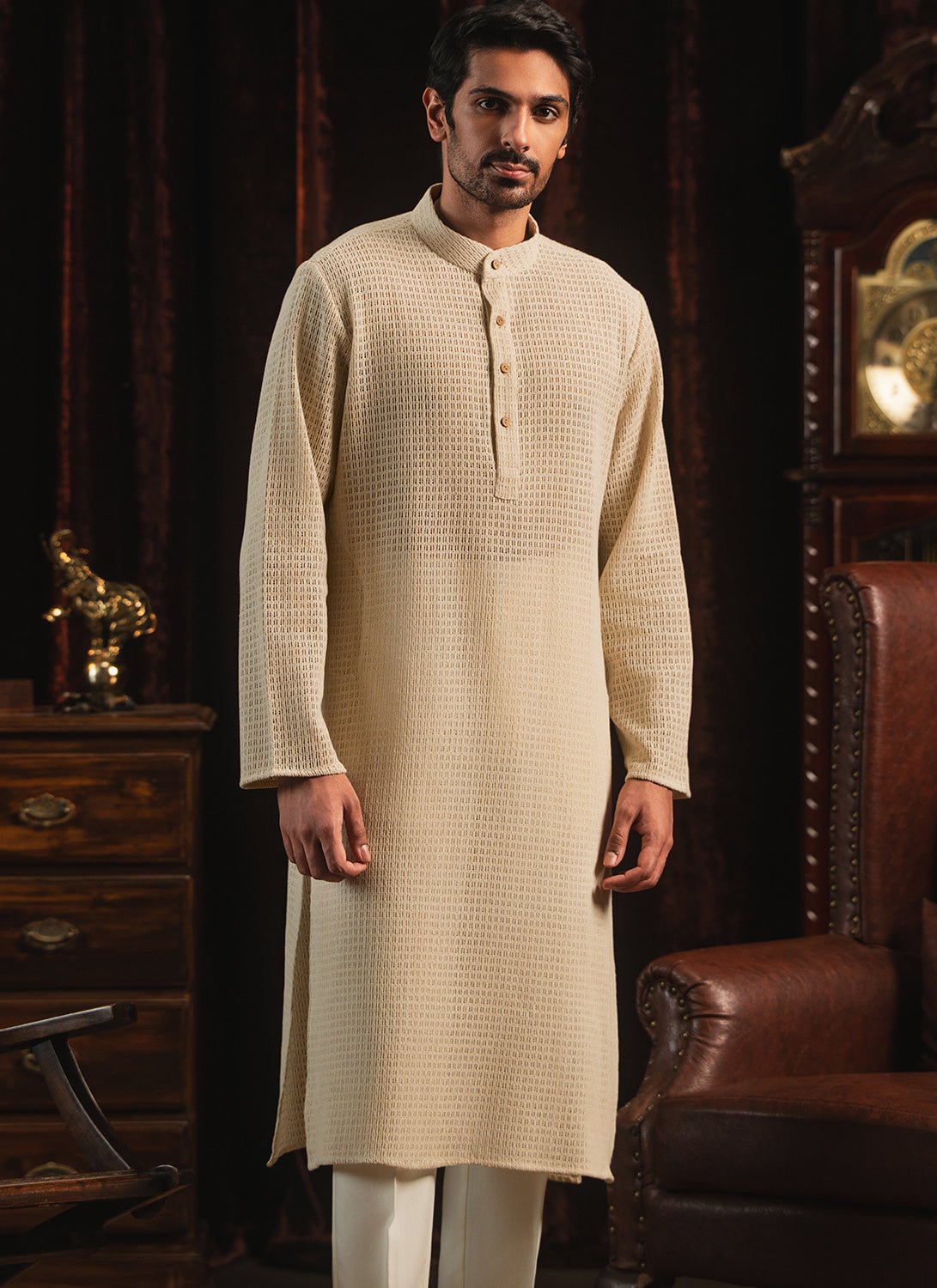 Ivory Knitted Cotton Kurta Set - Lashkaraa