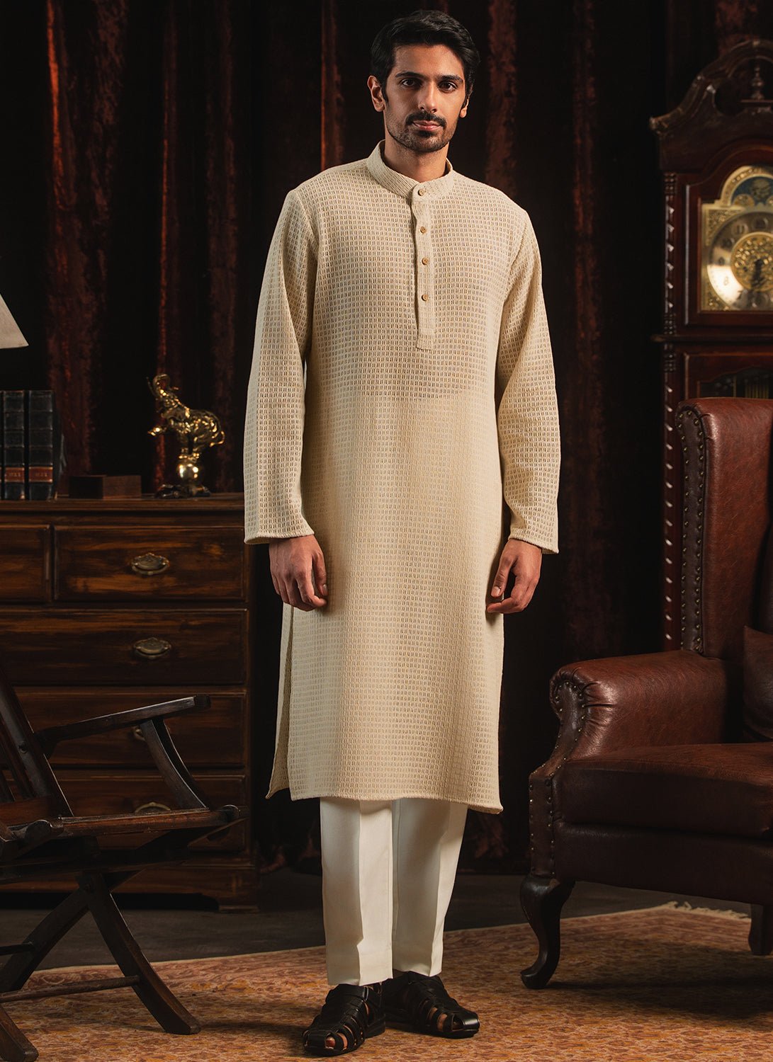 Ivory Knitted Cotton Kurta Set - Lashkaraa