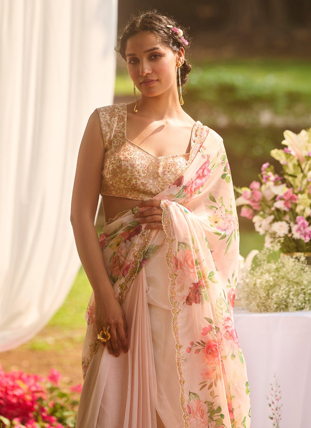 Ivory Multicolor Floral Embroidered Saree - Lashkaraa