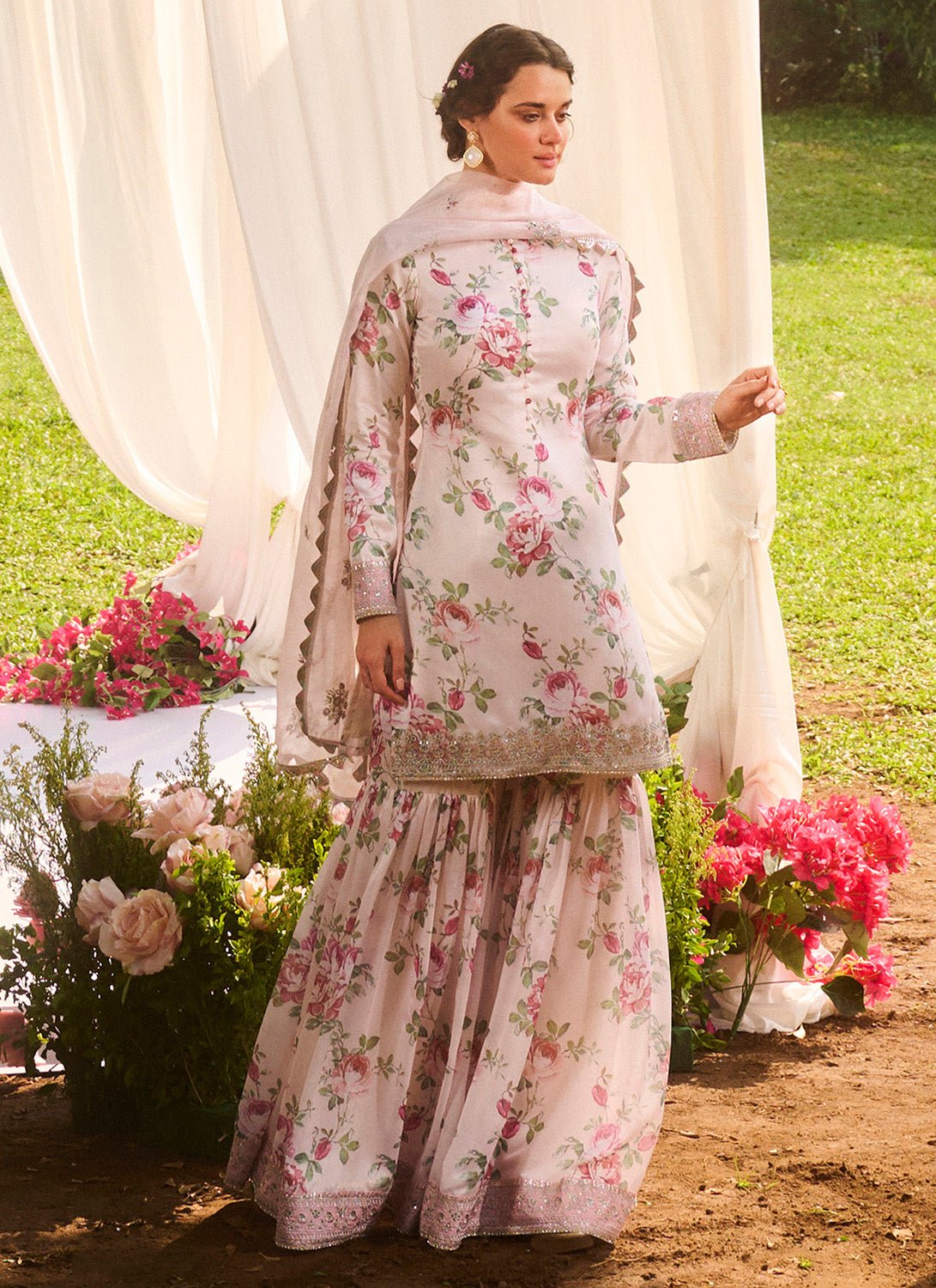 Ivory Multicolor Floral Printed Gharara Suit - Lashkaraa