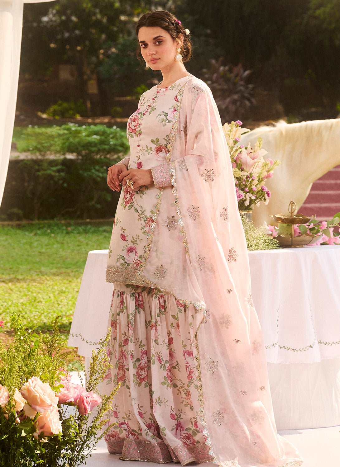 Ivory Multicolor Floral Printed Gharara Suit - Lashkaraa