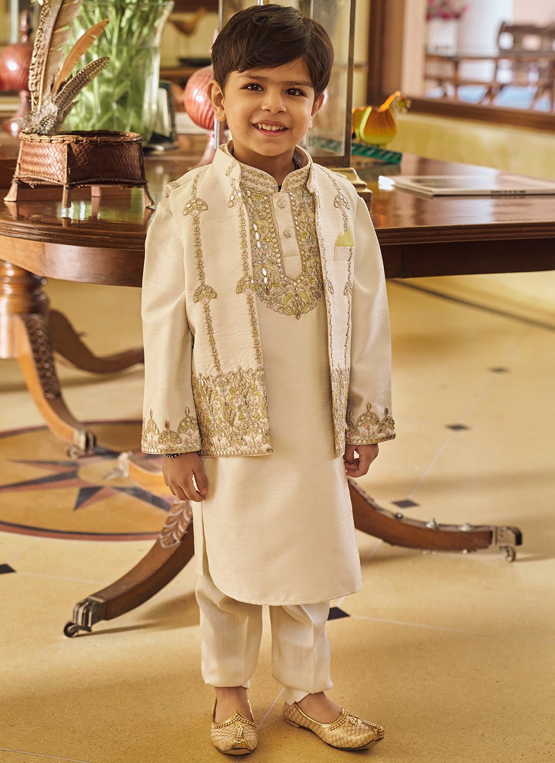 Kids Cream and Gold Embroidered Jacket Set - Lashkaraa