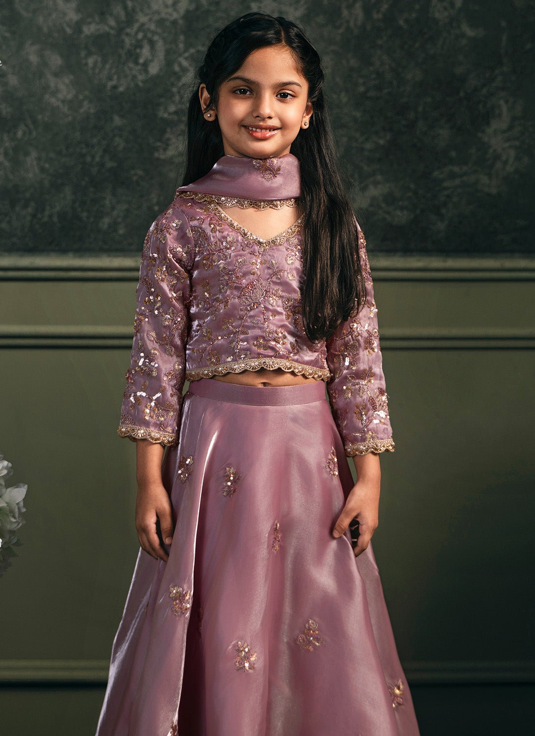 Kids Light Purple Embroidered Organza Lehenga - Lashkaraa
