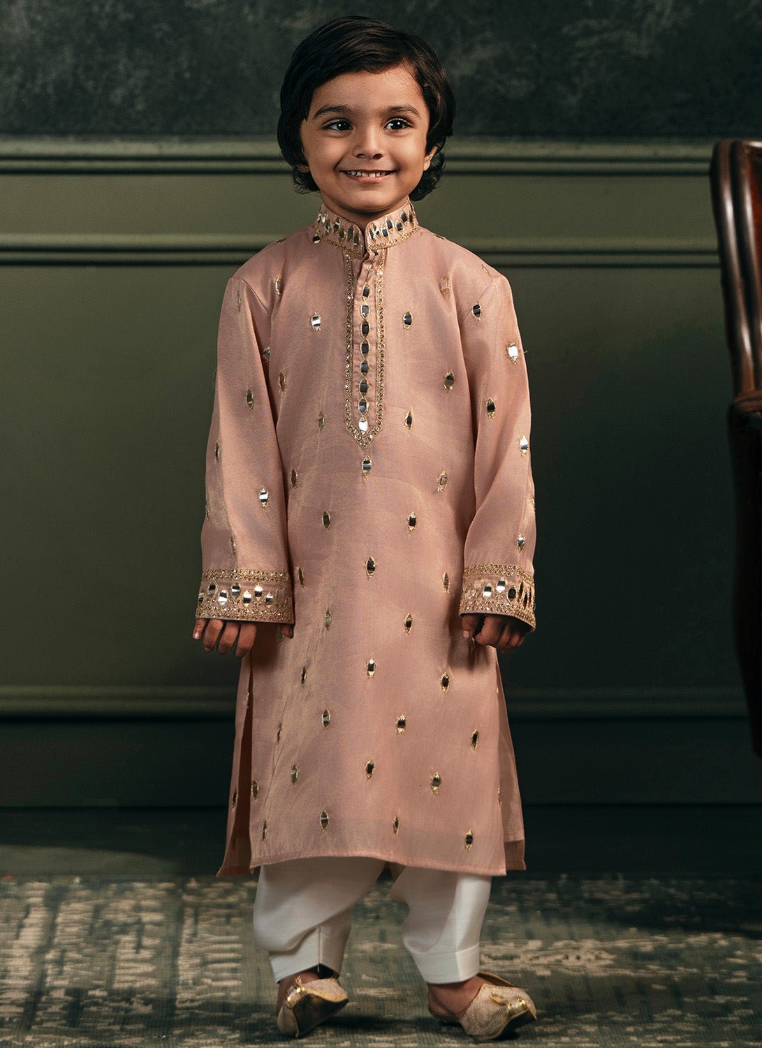 Kids Peach Embroidered Silk Kurta Set - Lashkaraa