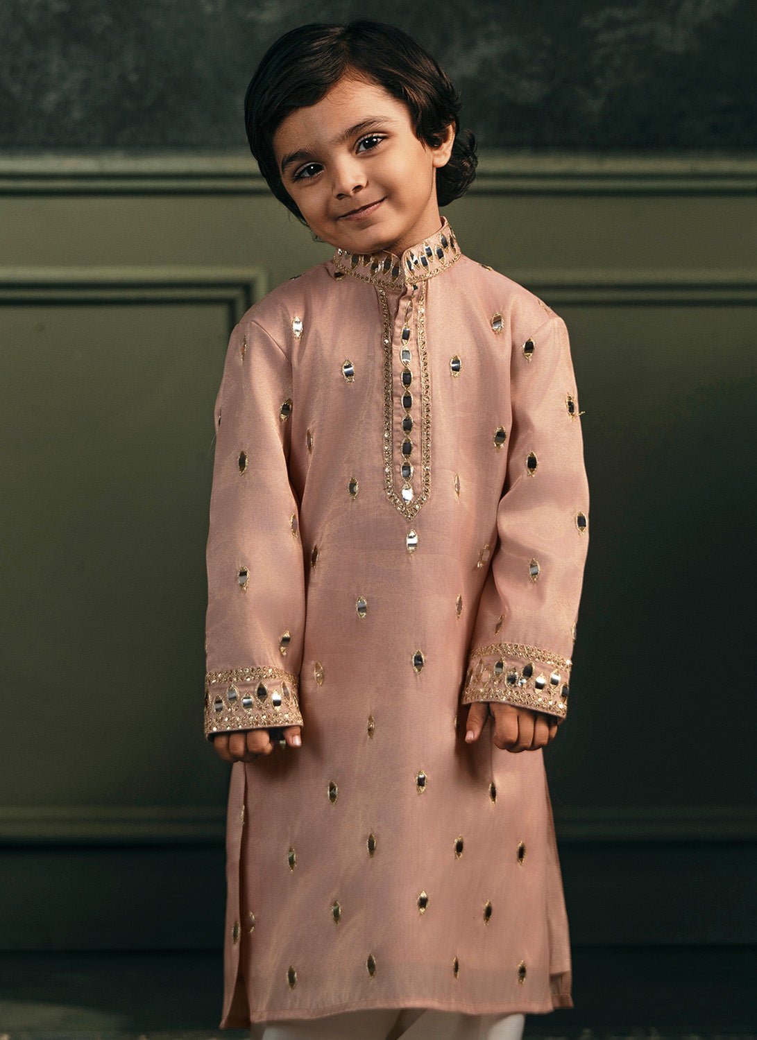 Kids Peach Embroidered Silk Kurta Set - Lashkaraa