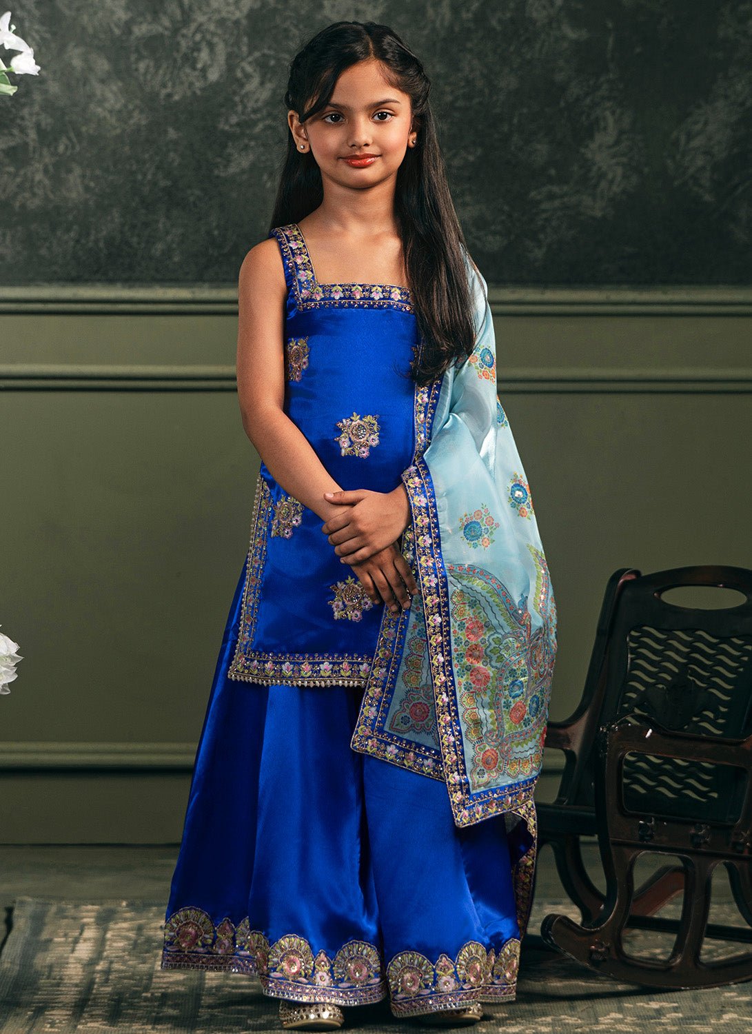 childrens indian dresses Kids Royal Blue Embroidered Satin Sharara complete with intricate detailing McQueen Gathered Shirt Dress Color:KELLY GREEN pcat-361