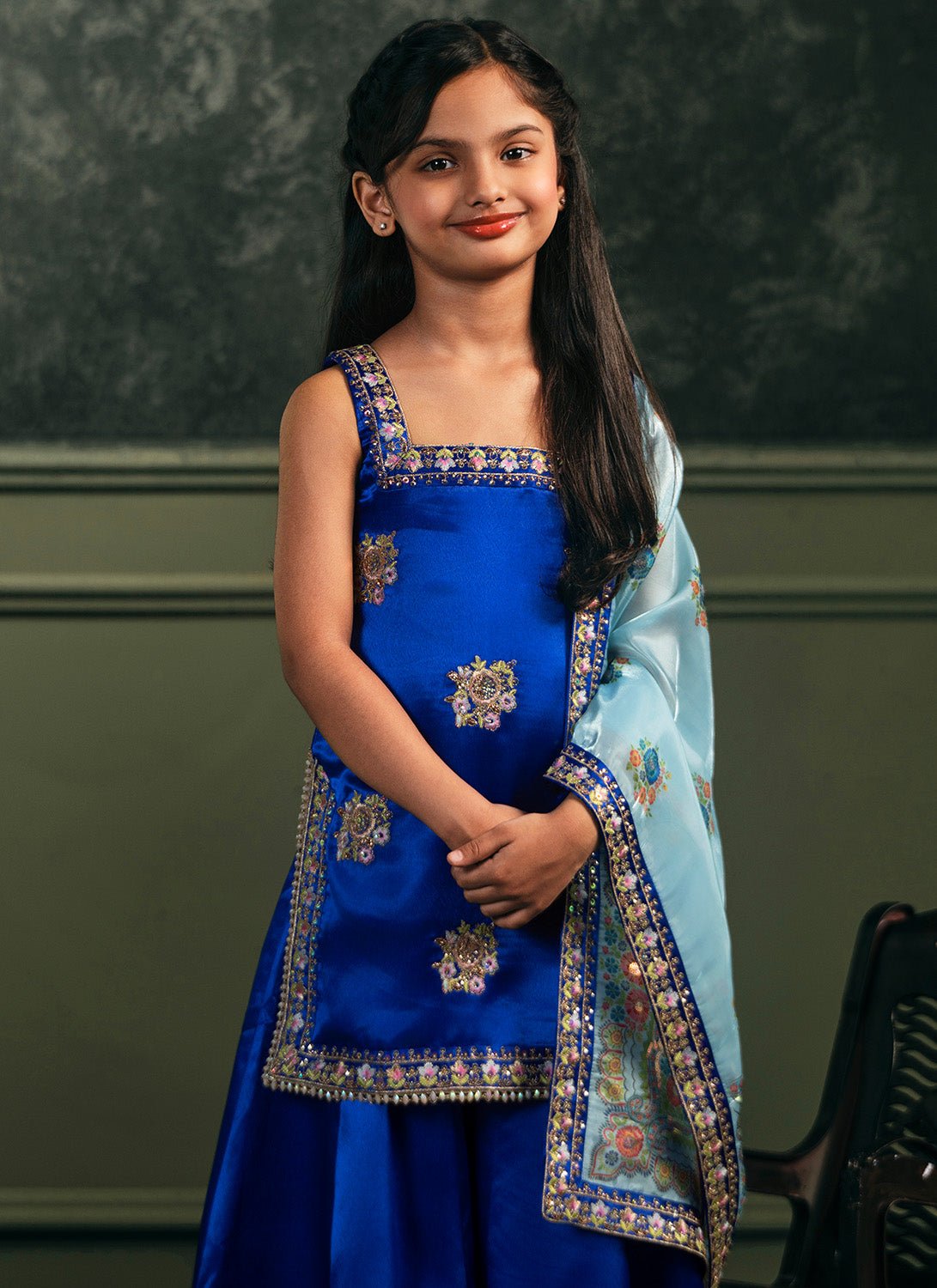Kids Royal Blue Embroidered Satin Sharara - Lashkaraa