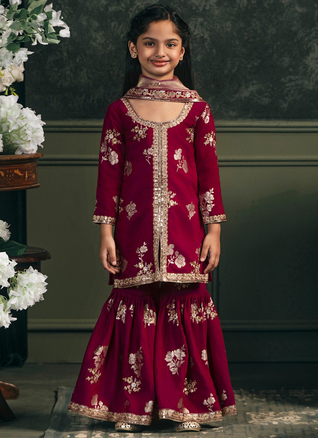 Kids Wine Embroidered Brocade Gharara - Lashkaraa