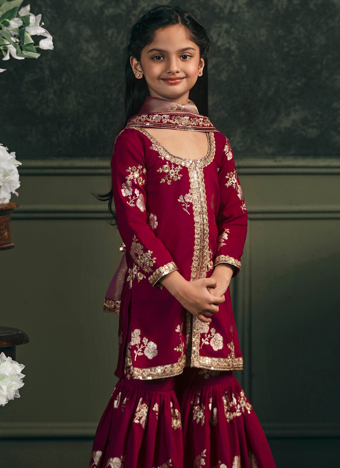 Kids Wine Embroidered Brocade Gharara - Lashkaraa