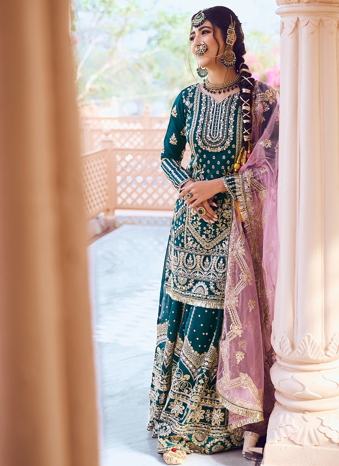 Teal and Purple Embroidered Sharara