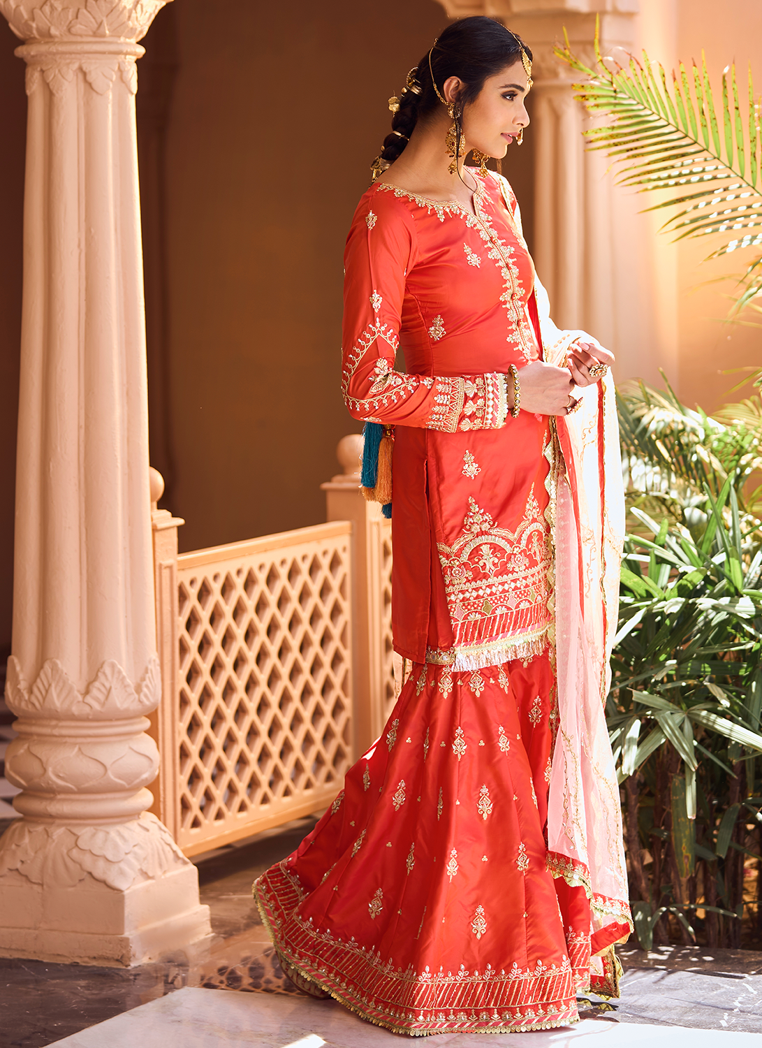 Red Orange Embroidered Gharara Suit