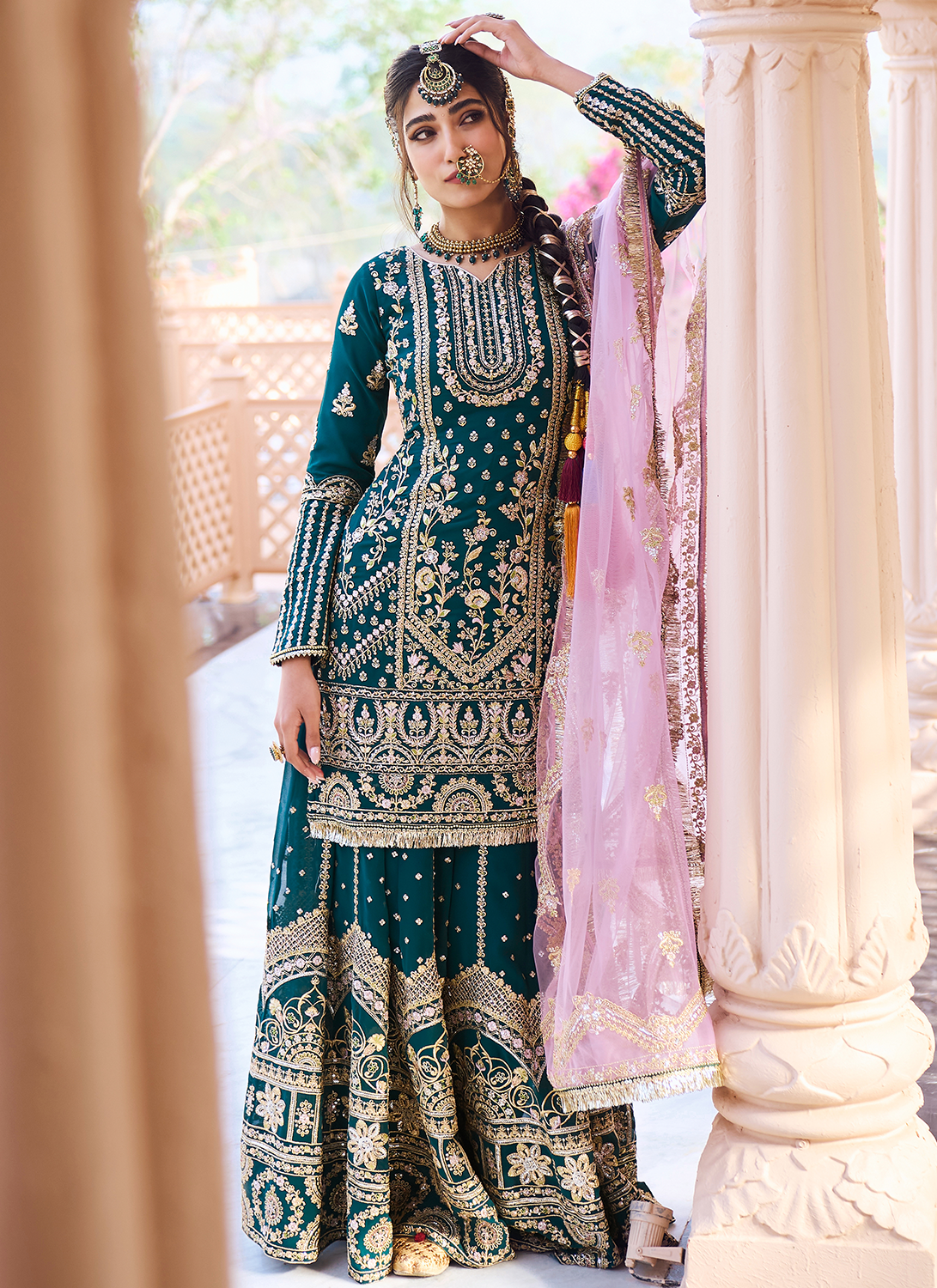 Teal and Purple Embroidered Sharara