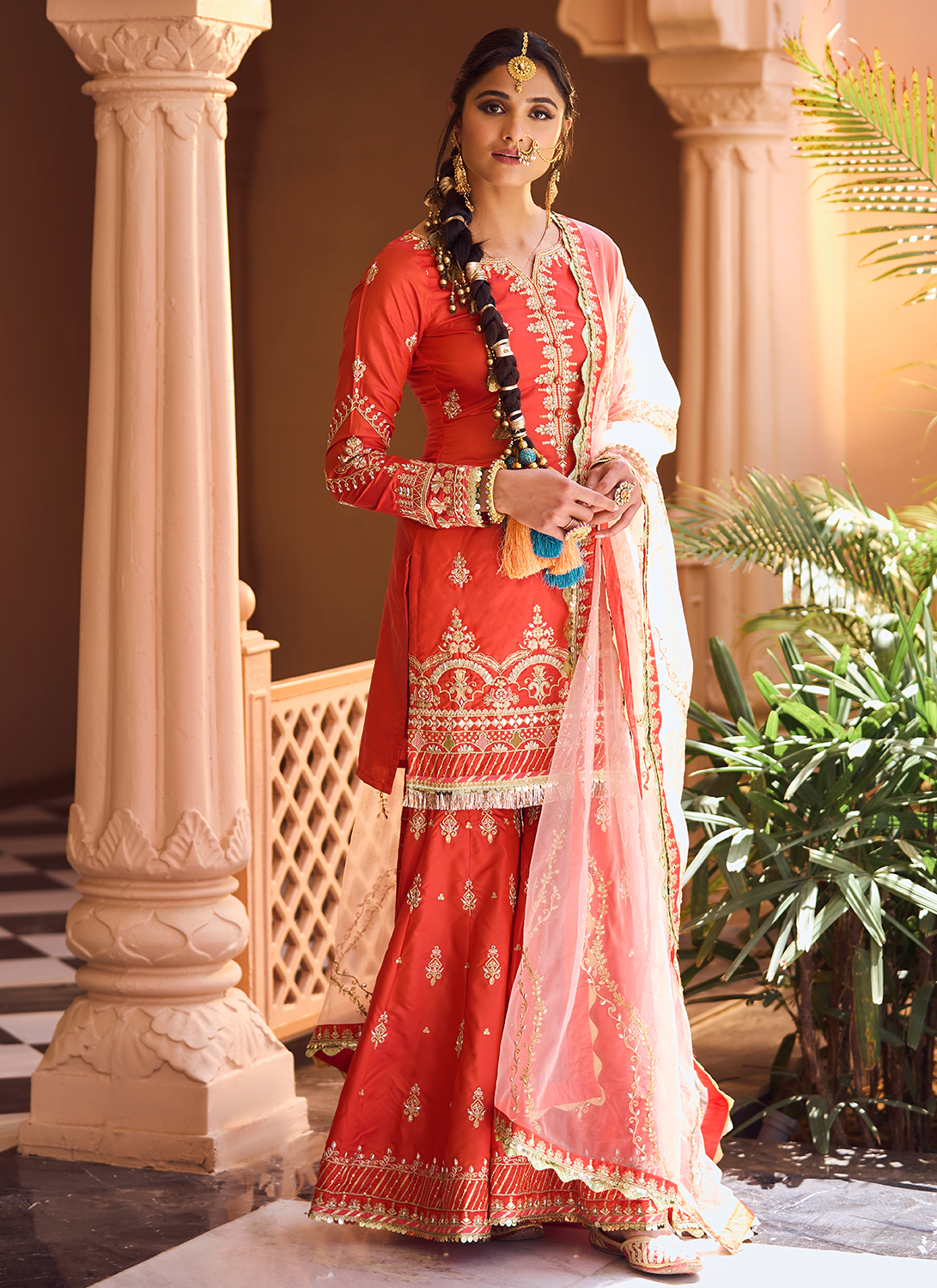 Red Orange Embroidered Gharara Suit