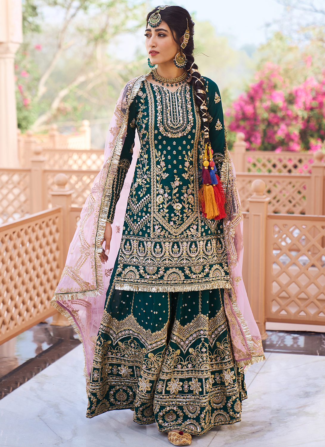 Teal and Purple Embroidered Sharara