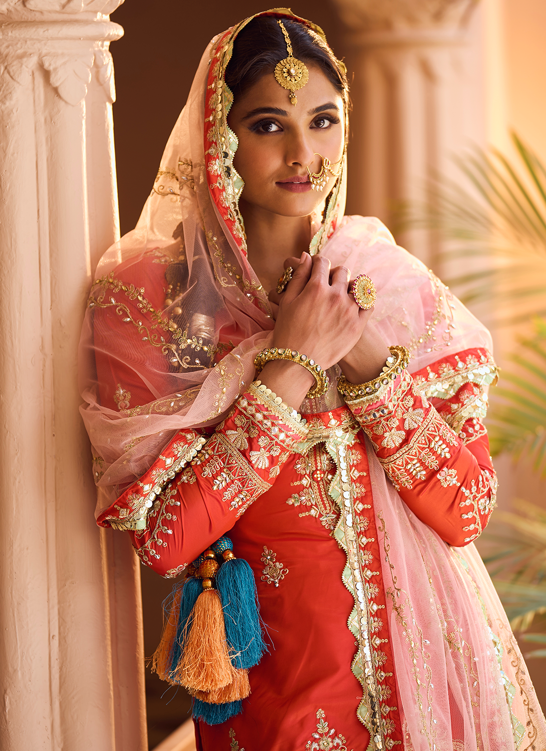 Red Orange Embroidered Gharara Suit
