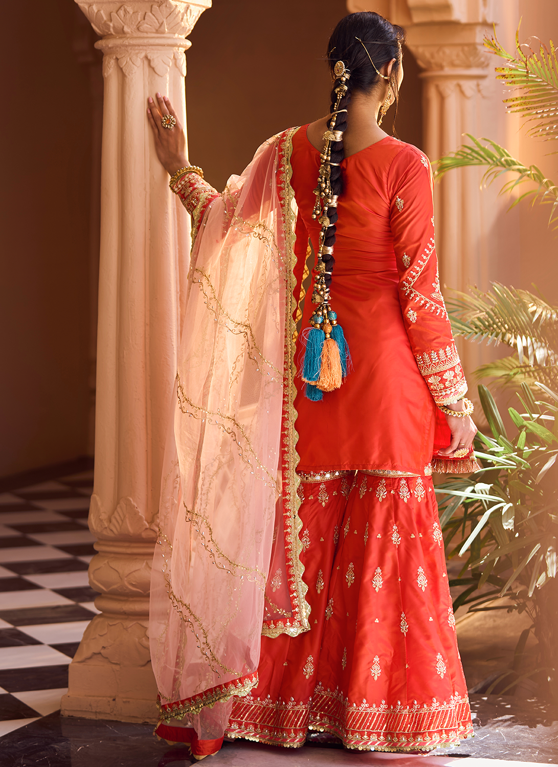 Red Orange Embroidered Gharara Suit