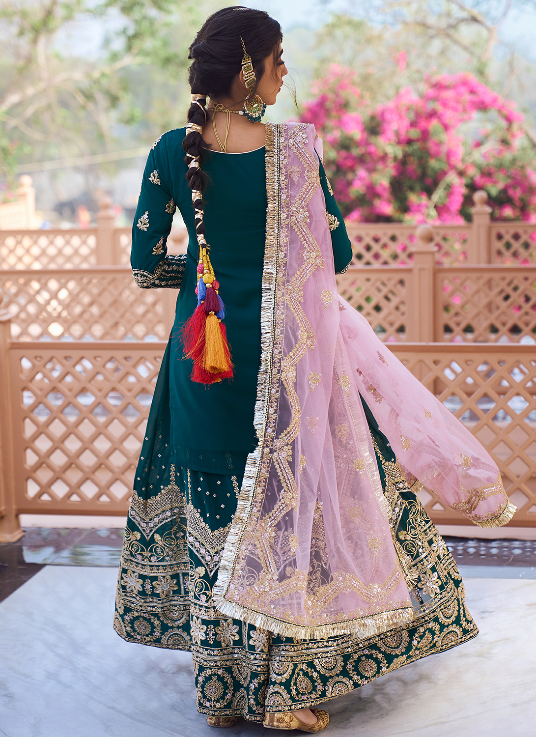 Teal and Purple Embroidered Sharara