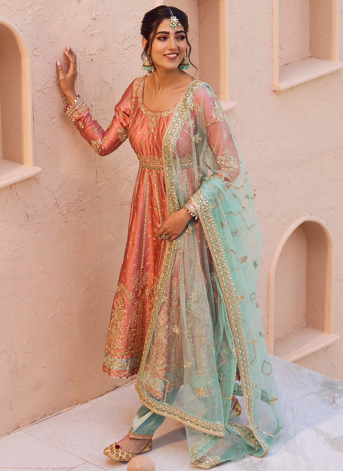 Rust and Blue Embroidered Patiala Suit