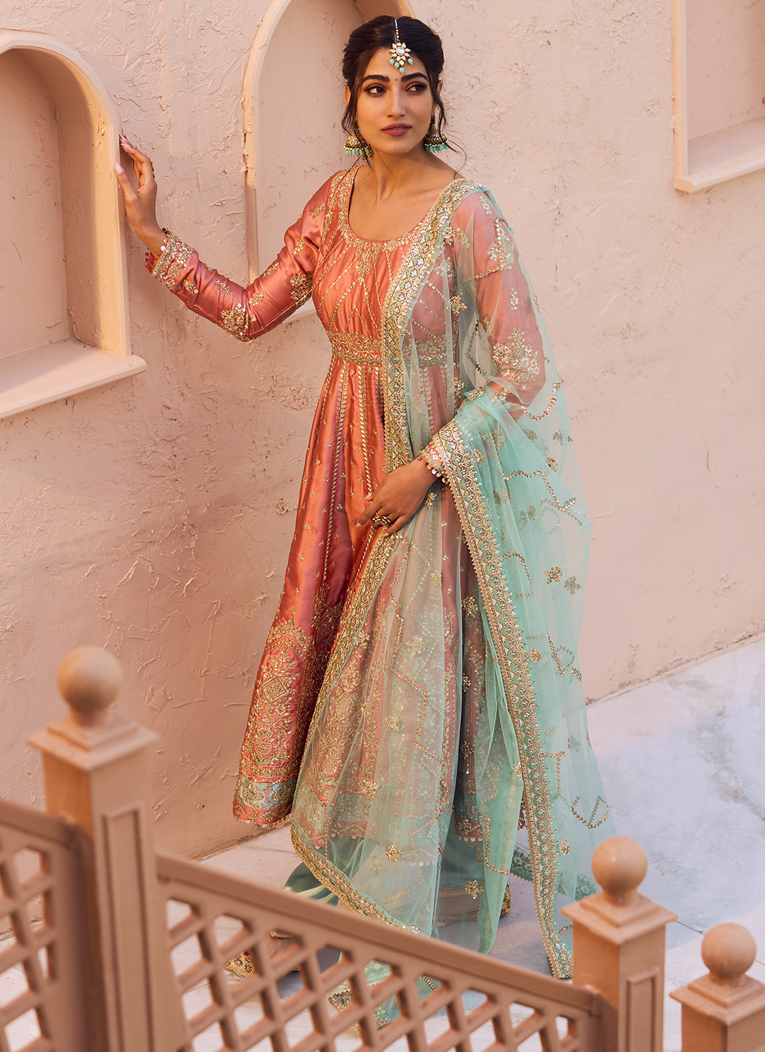 Rust and Blue Embroidered Patiala Suit
