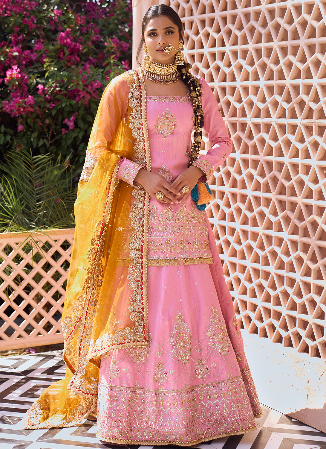 Pink and Mustard Embroidered Lehenga