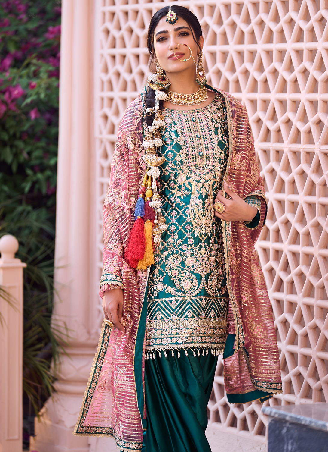 Teal Green and Pink Embroidered Patiala Suit