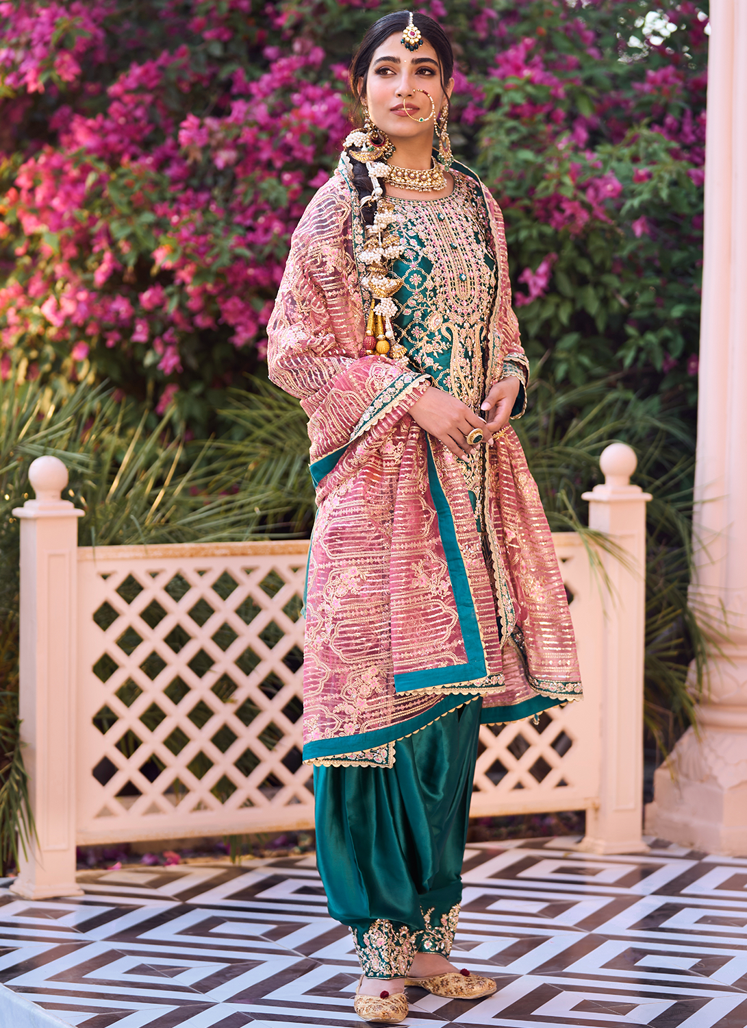 Teal Green and Pink Embroidered Patiala Suit