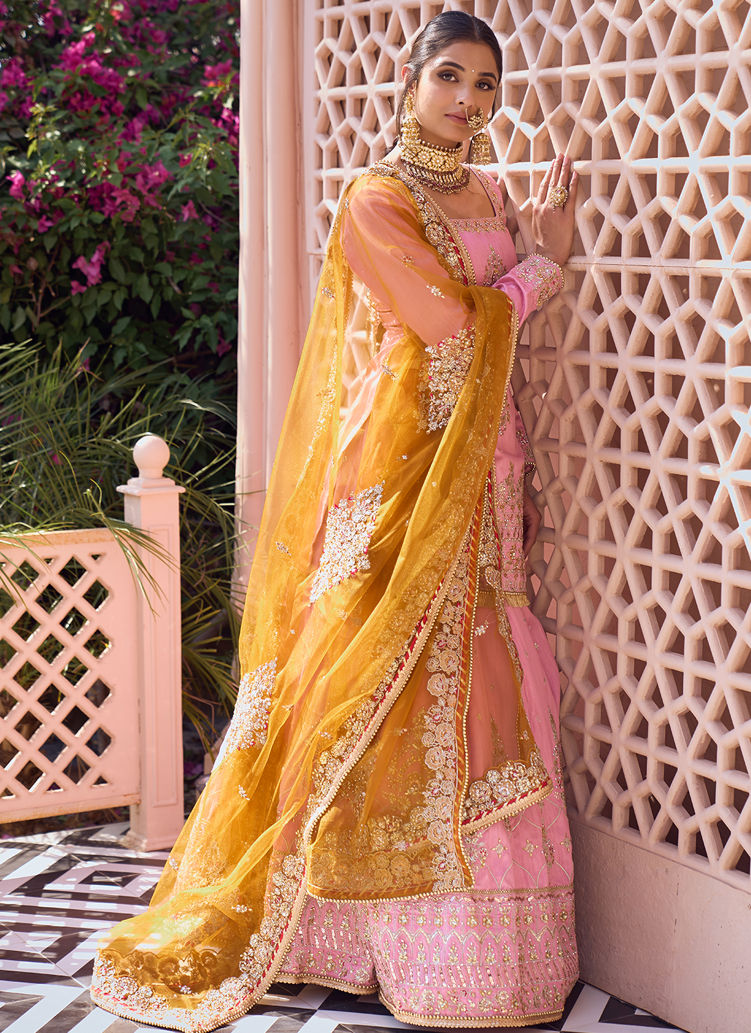 Pink and Mustard Embroidered Lehenga