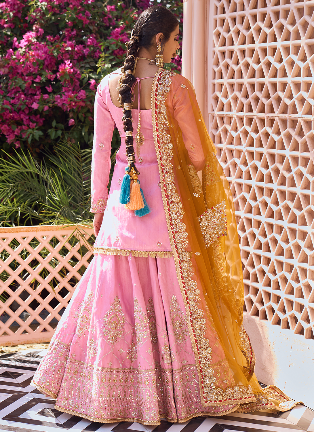 Pink and Mustard Embroidered Lehenga