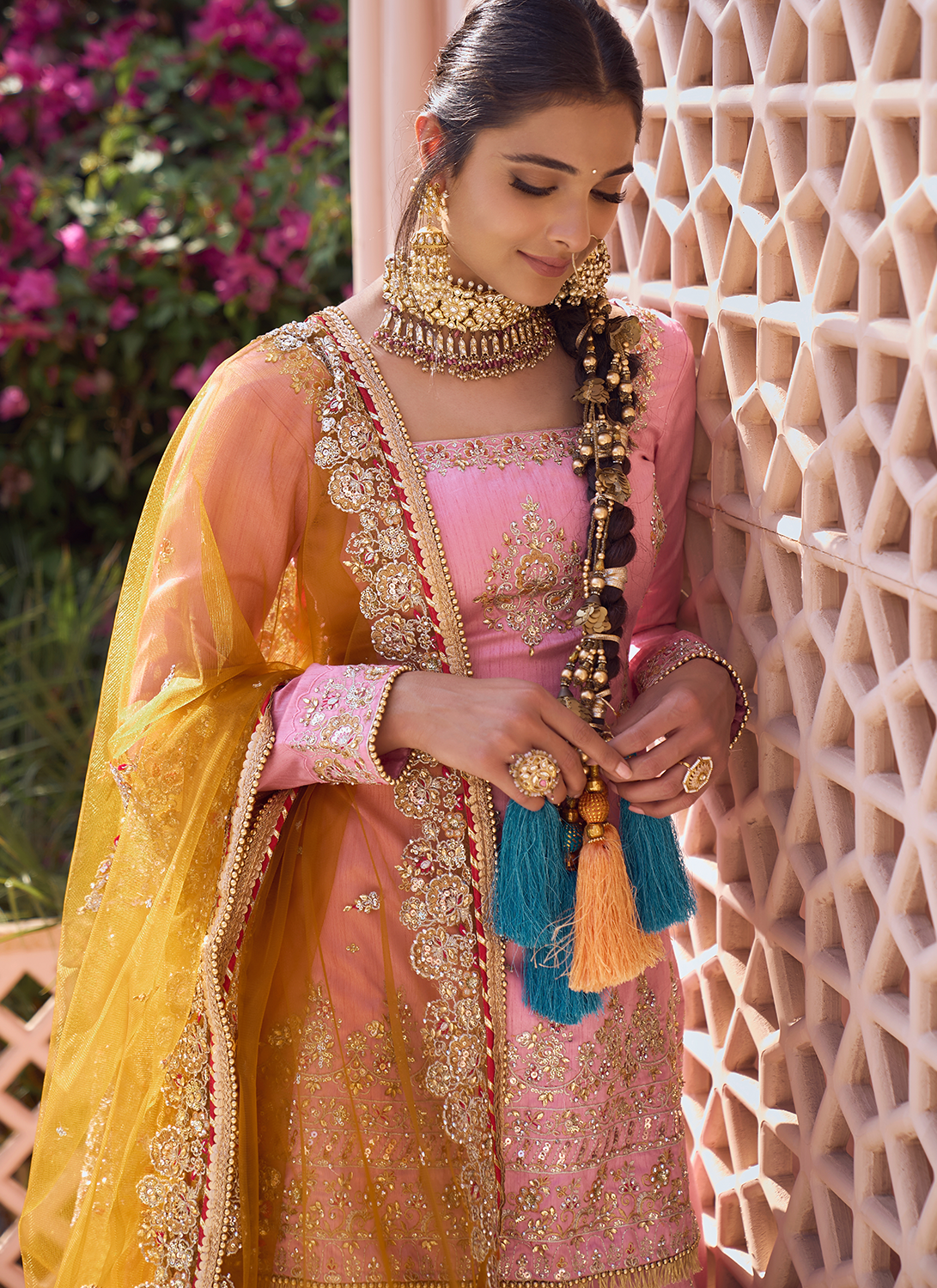 Pink and Mustard Embroidered Lehenga