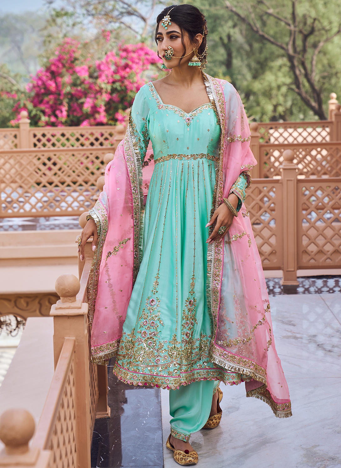 Mint and Pink Embroidered Patiala Suit