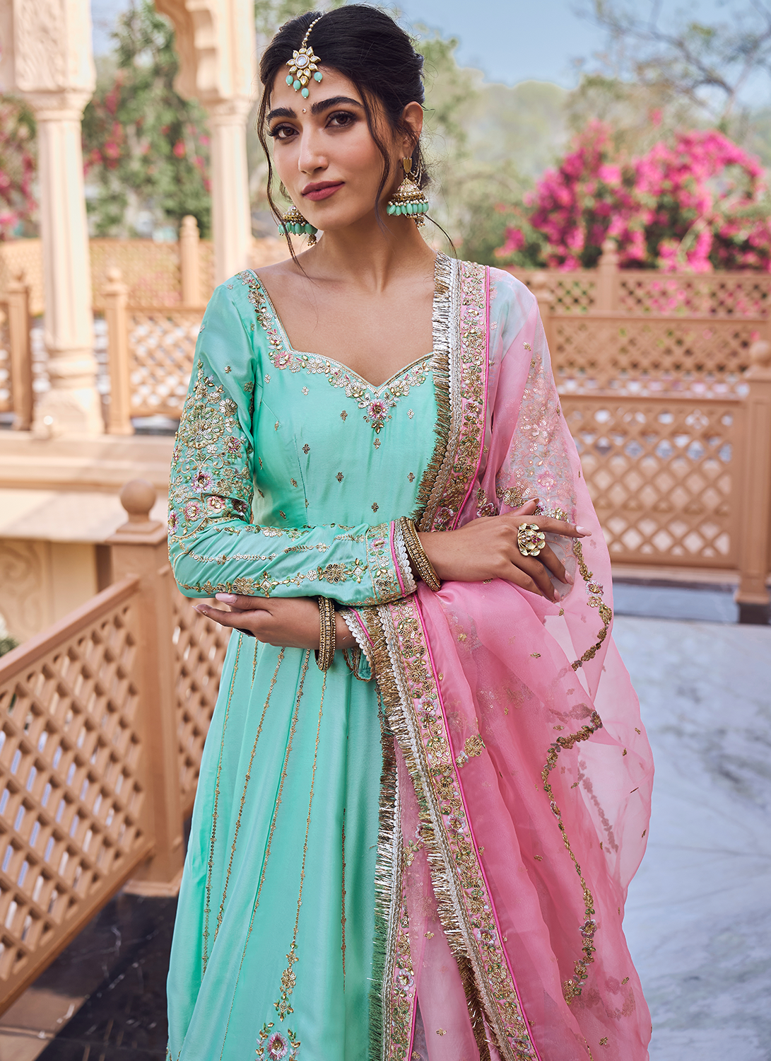 Mint and Pink Embroidered Patiala Suit