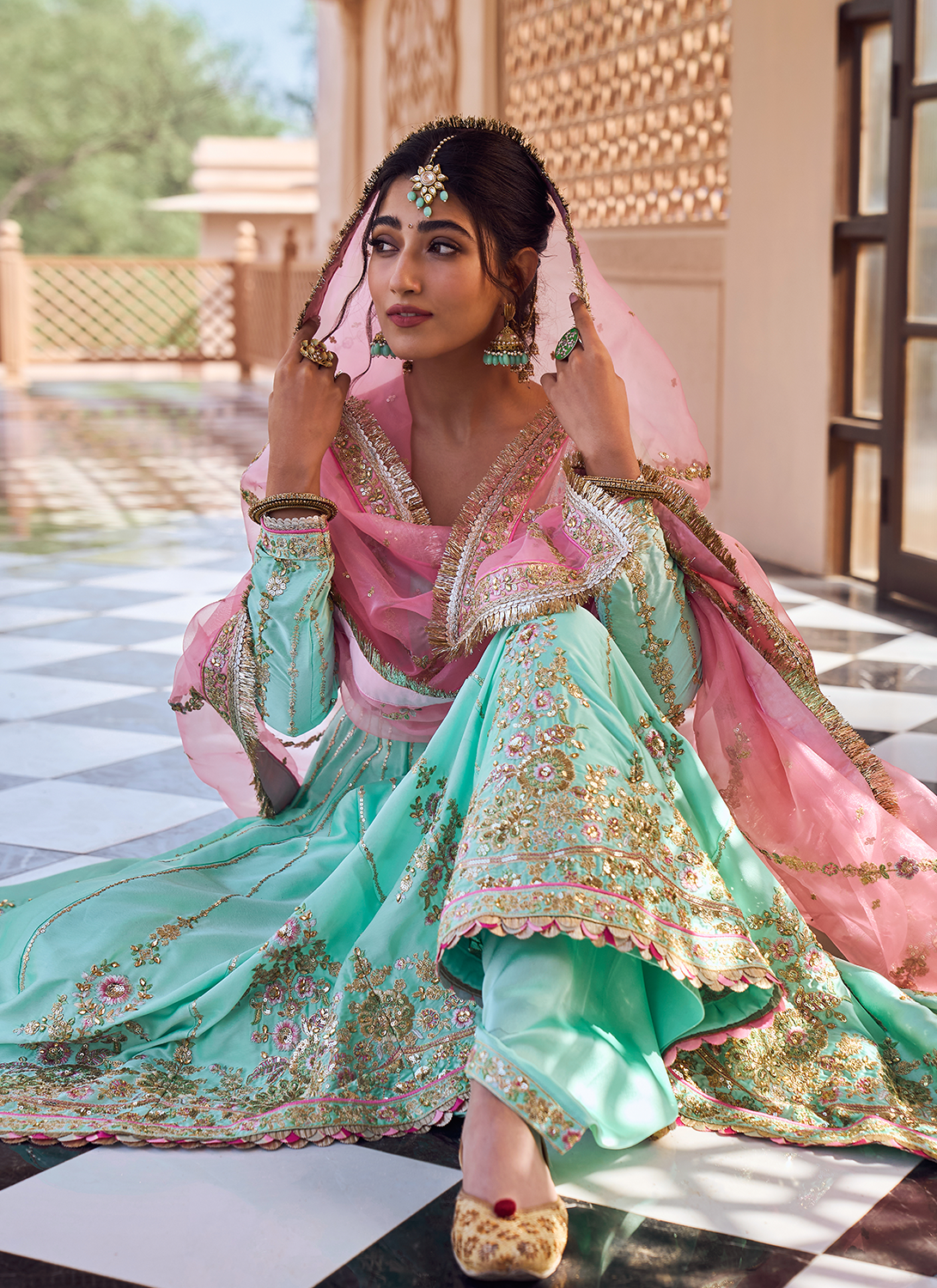 Mint and Pink Embroidered Patiala Suit