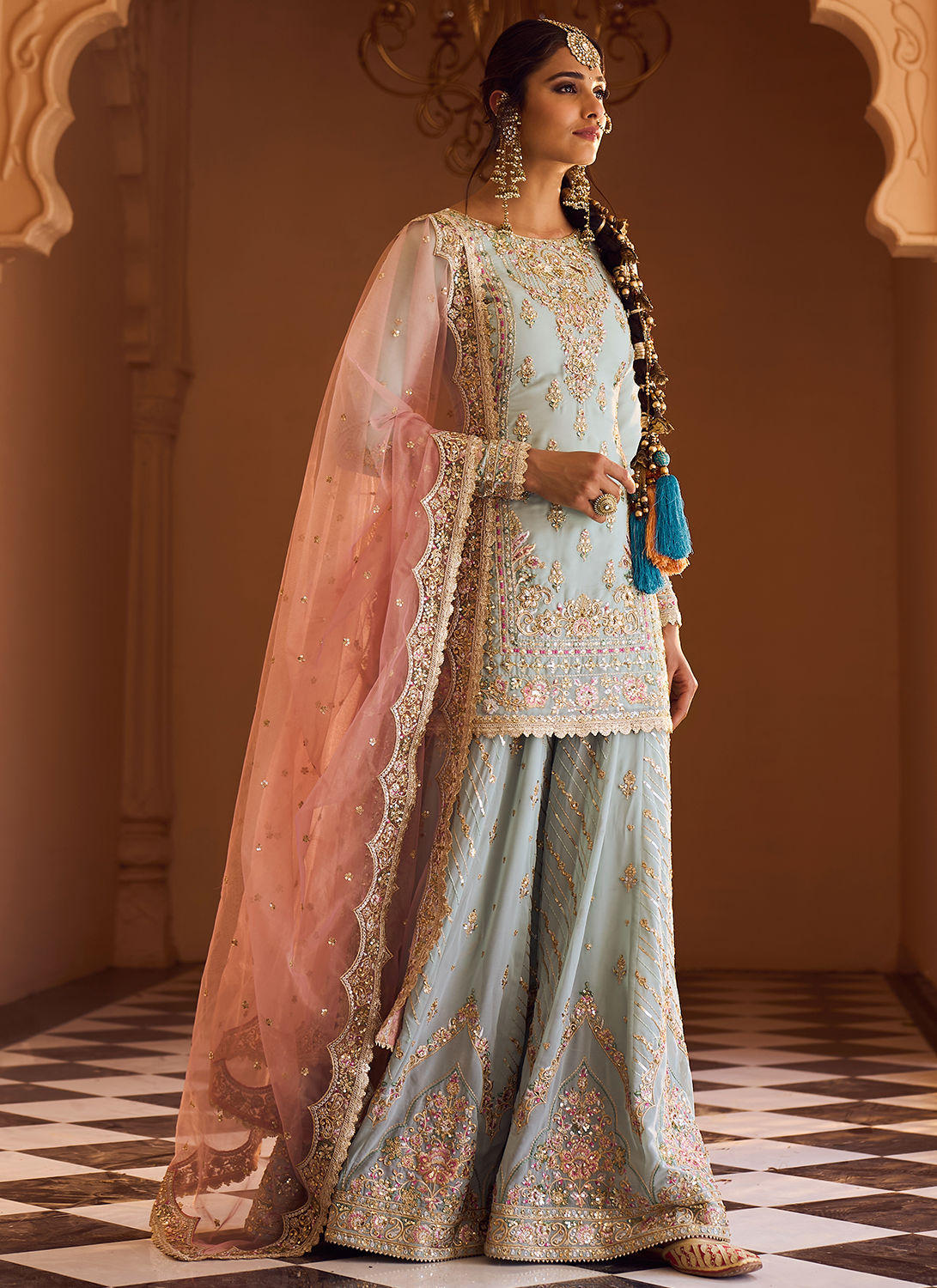 Dusty Mint and Pink Embroidered Sharara