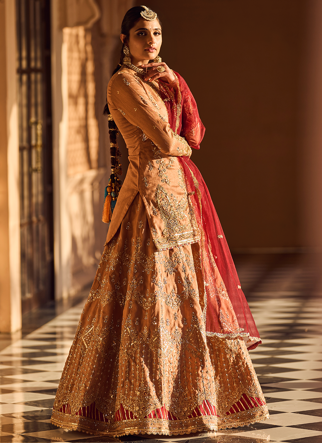 Dusty Beige and Maroon Embroidered Lehenga