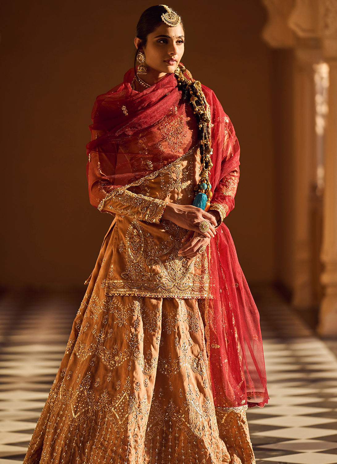 Dusty Beige and Maroon Embroidered Lehenga