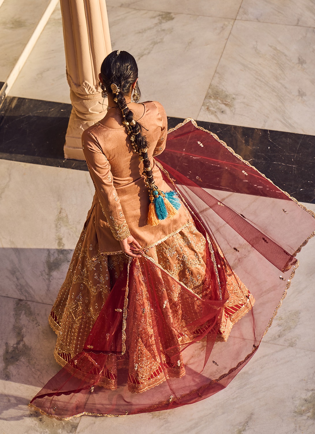 Dusty Beige and Maroon Embroidered Lehenga