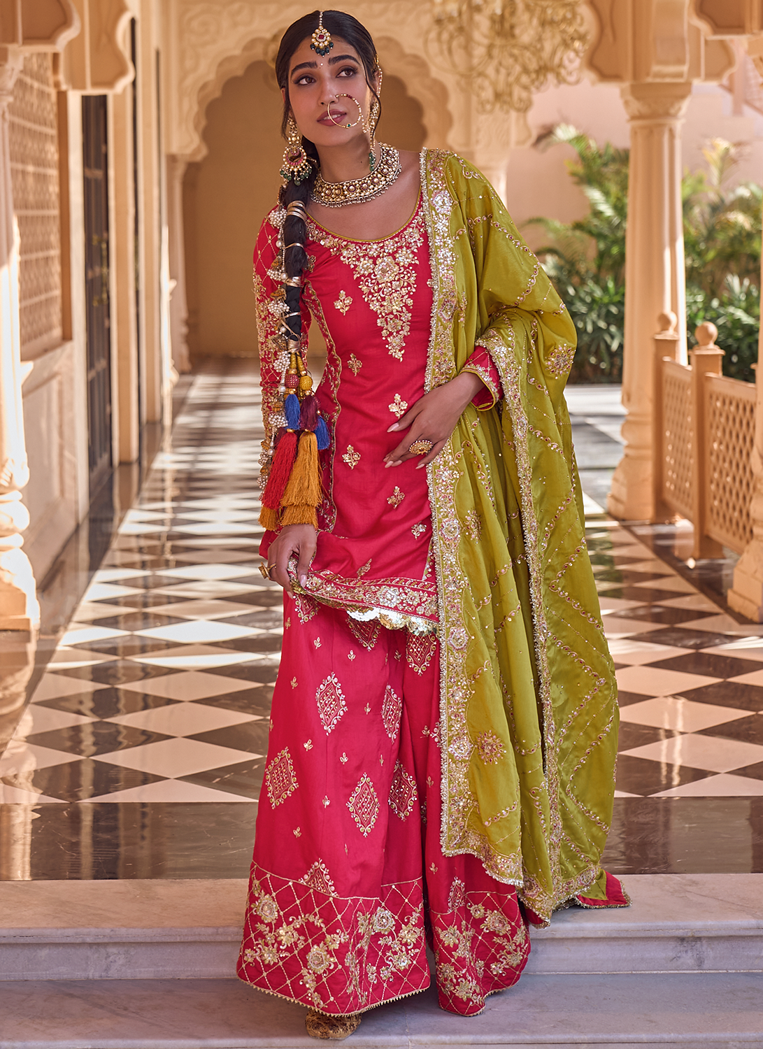 Hot Pink and Mustard Embroidered Sharara